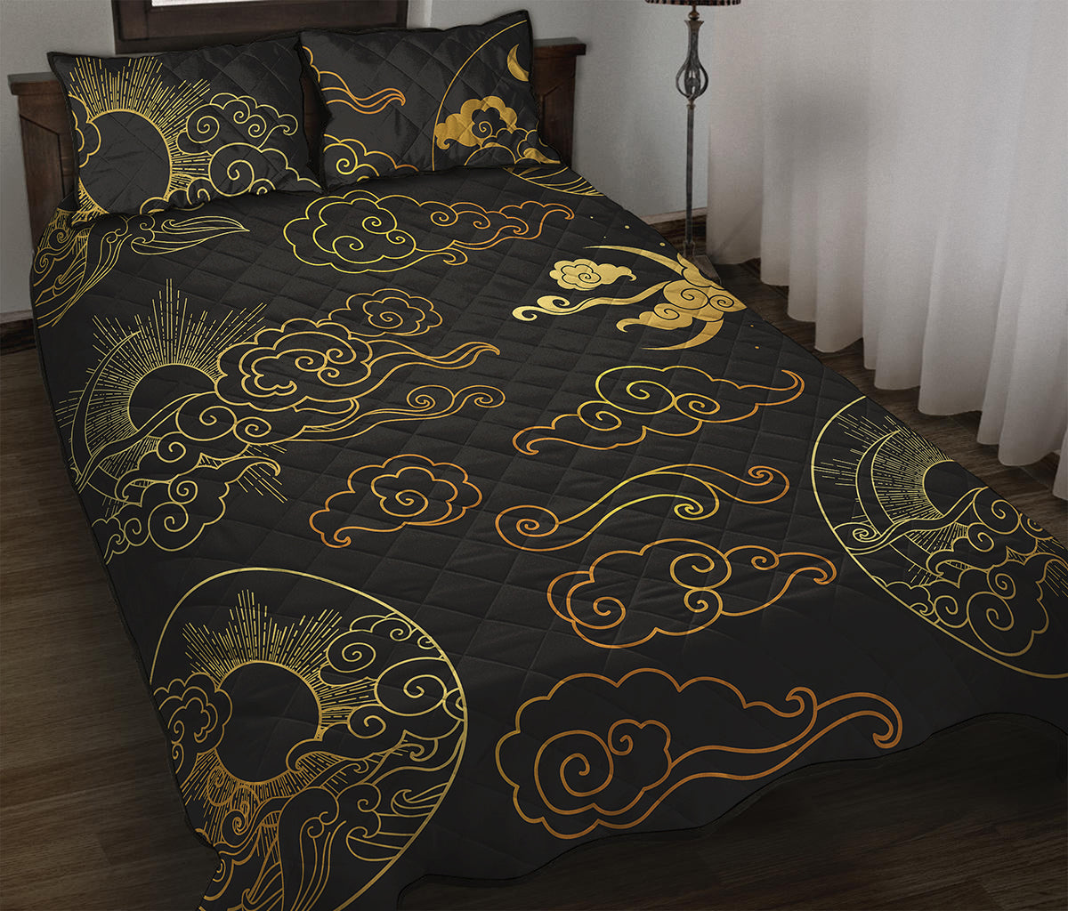 Gold Moon And Sun Print Quilt Bed Set