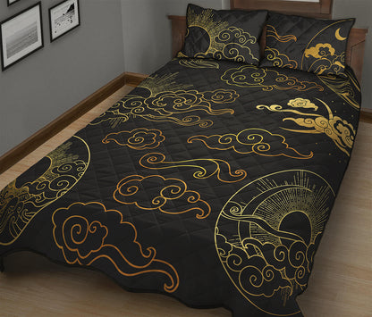 Gold Moon And Sun Print Quilt Bed Set
