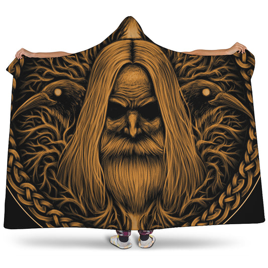 Gold Odin With Huginn And Muninn Print Hooded Blanket