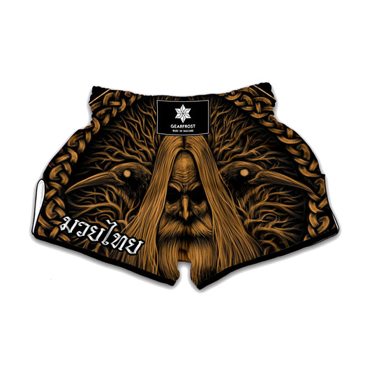 Gold Odin With Huginn And Muninn Print Muay Thai Boxing Shorts