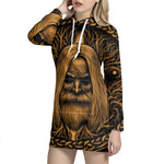 Gold Odin With Huginn And Muninn Print Pullover Hoodie Dress