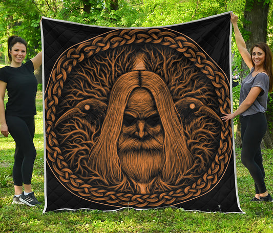 Gold Odin With Huginn And Muninn Print Quilt
