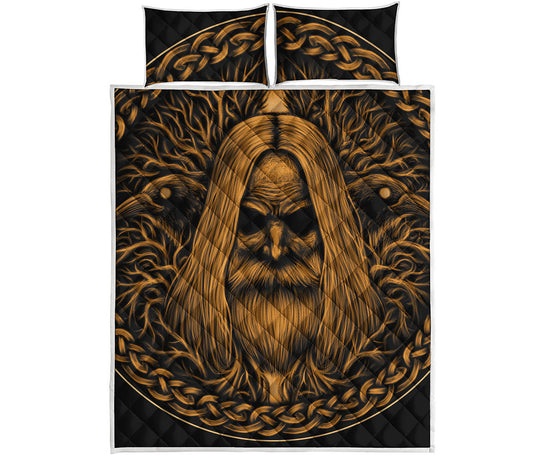 Gold Odin With Huginn And Muninn Print Quilt Bed Set