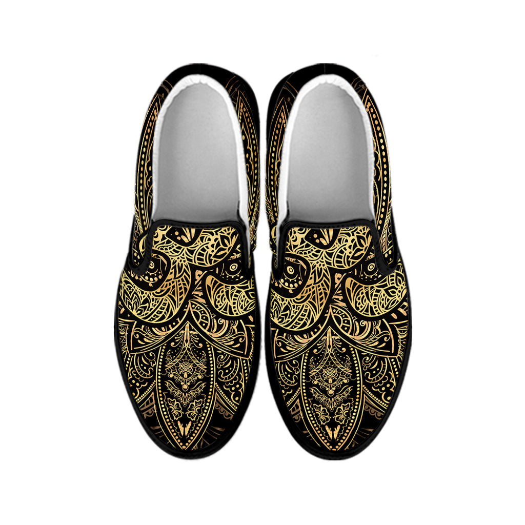Gold Om Lotus Print Black Slip On Shoes