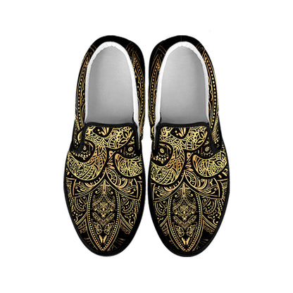 Gold Om Lotus Print Black Slip On Shoes