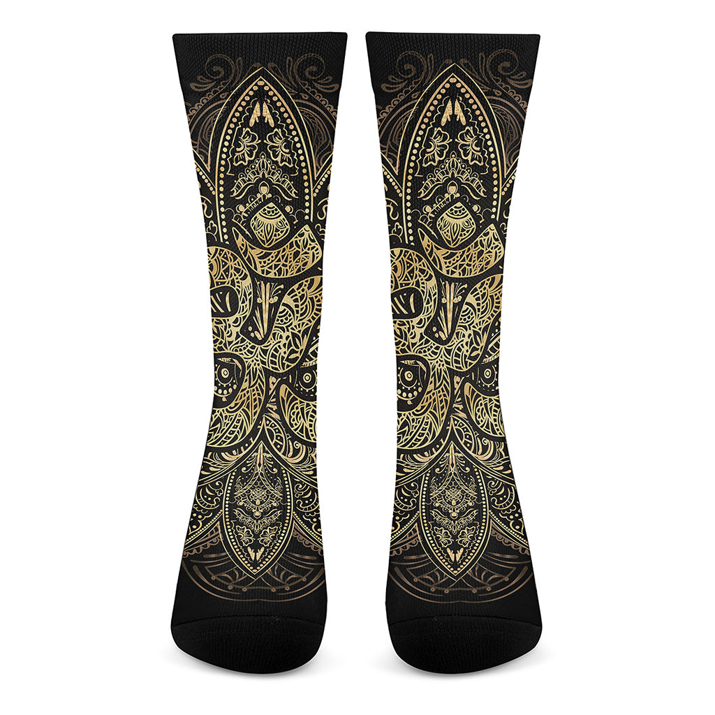 Gold Om Lotus Print Crew Socks