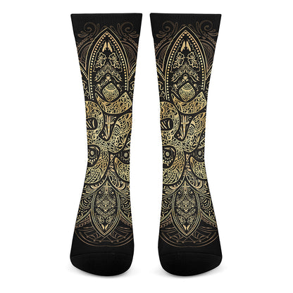Gold Om Lotus Print Crew Socks