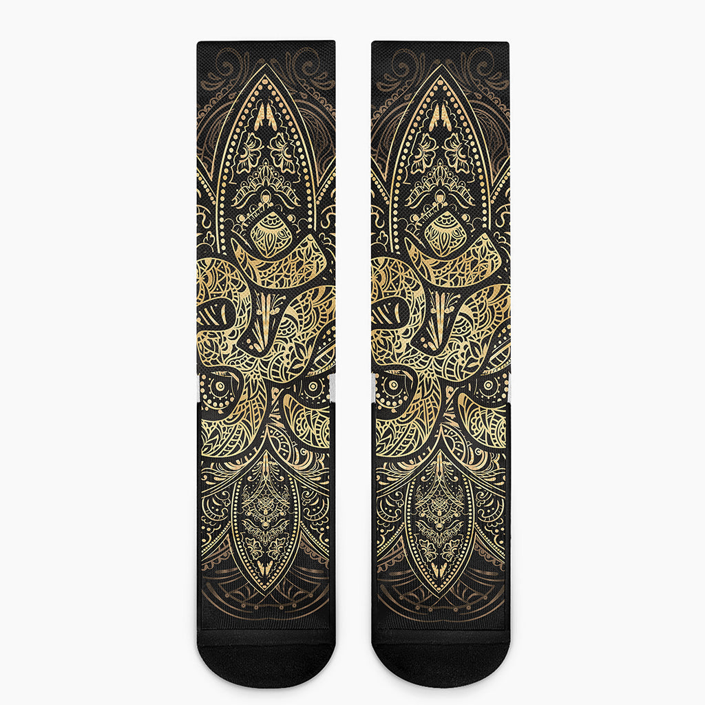 Gold Om Lotus Print Crew Socks