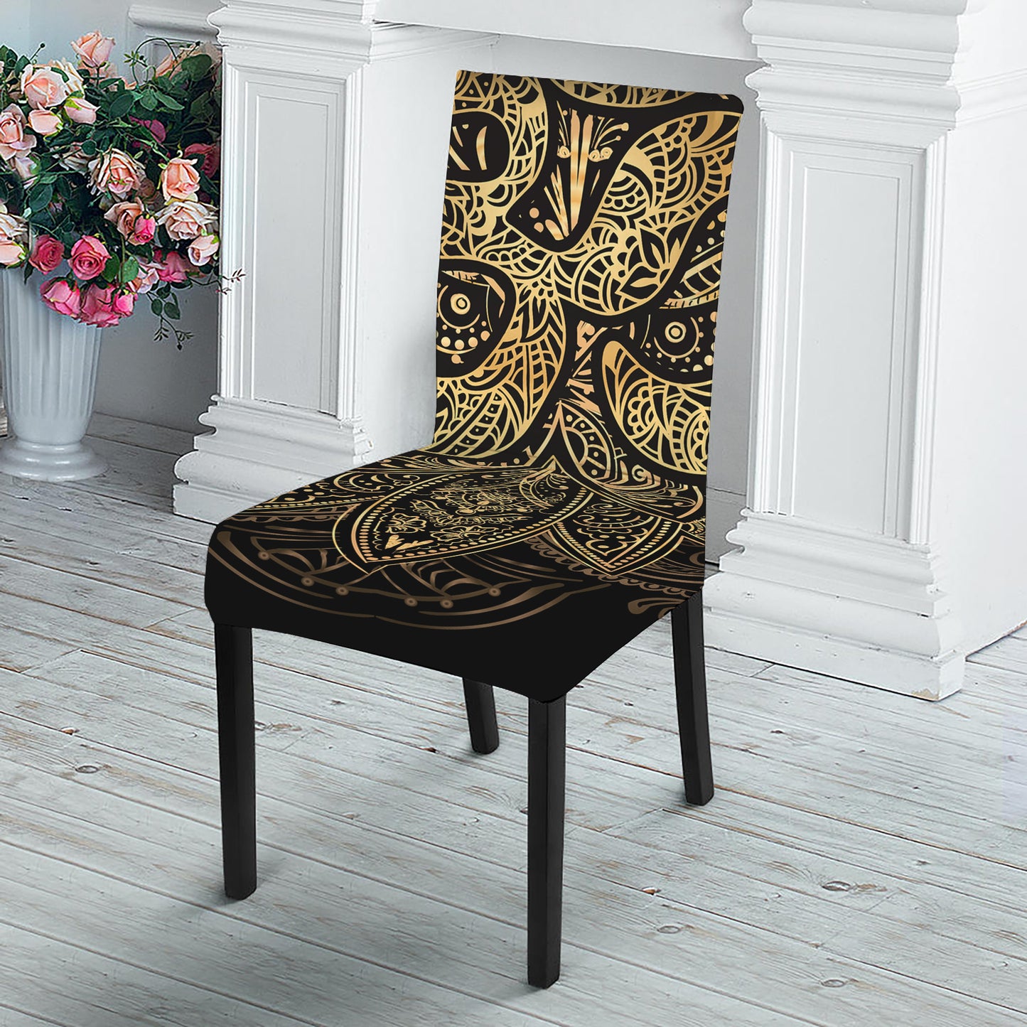 Gold Om Lotus Print Dining Chair Slipcover