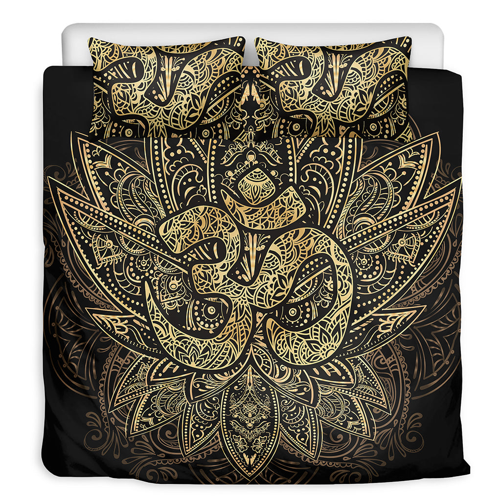 Gold Om Lotus Print Duvet Cover Bedding Set