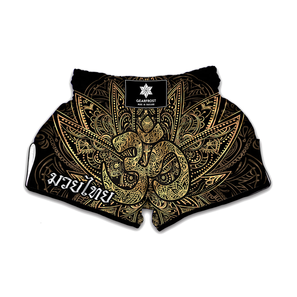 Gold Om Lotus Print Muay Thai Boxing Shorts