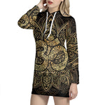 Gold Om Lotus Print Pullover Hoodie Dress