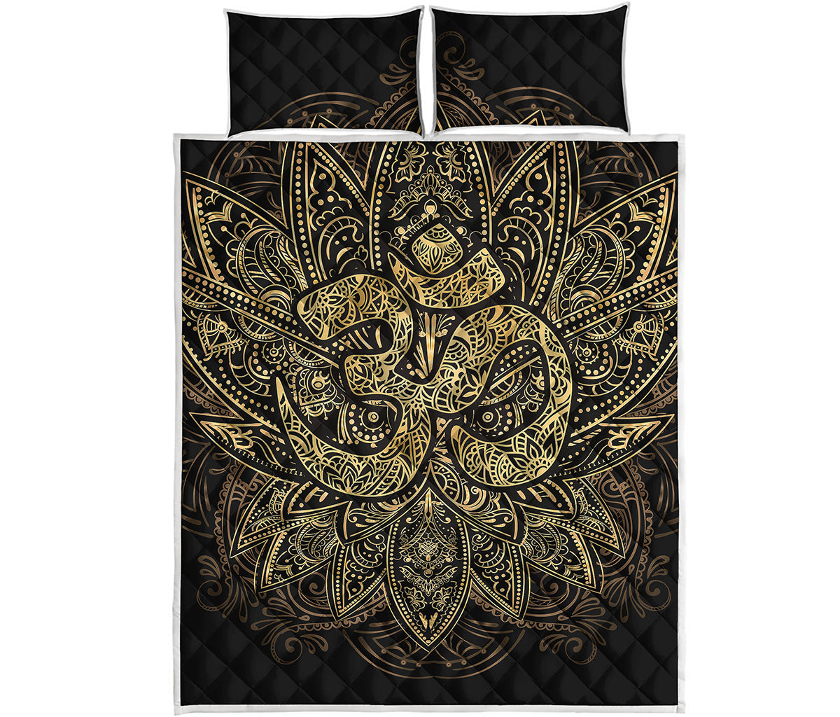Gold Om Lotus Print Quilt Bed Set