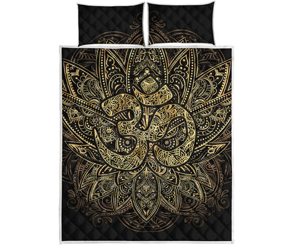 Gold Om Lotus Print Quilt Bed Set