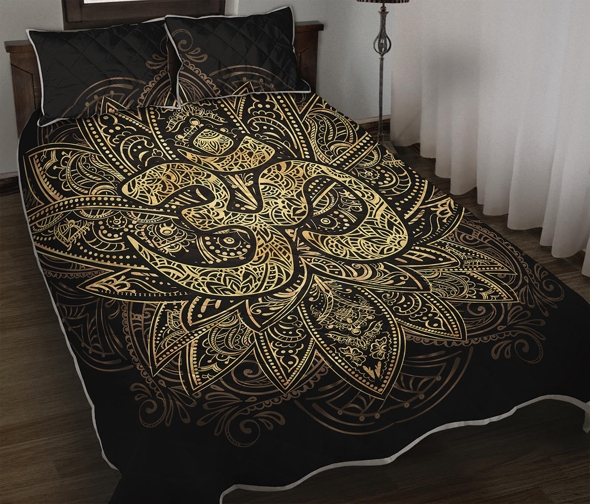Gold Om Lotus Print Quilt Bed Set