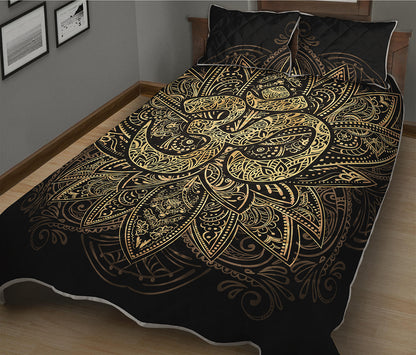 Gold Om Lotus Print Quilt Bed Set