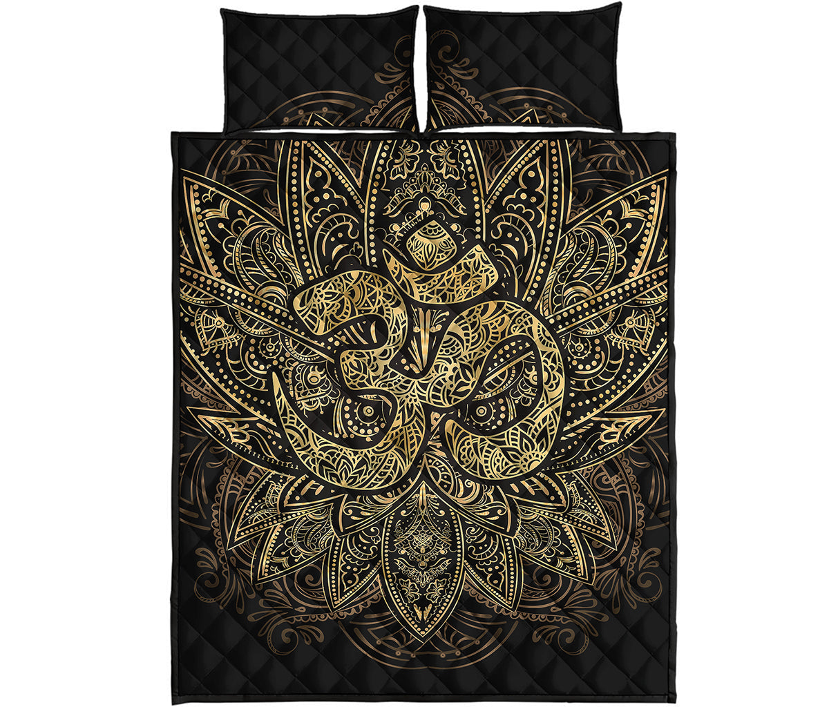 Gold Om Lotus Print Quilt Bed Set