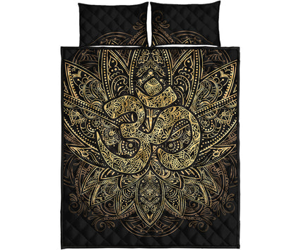 Gold Om Lotus Print Quilt Bed Set