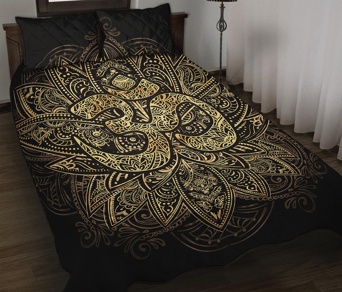 Gold Om Lotus Print Quilt Bed Set