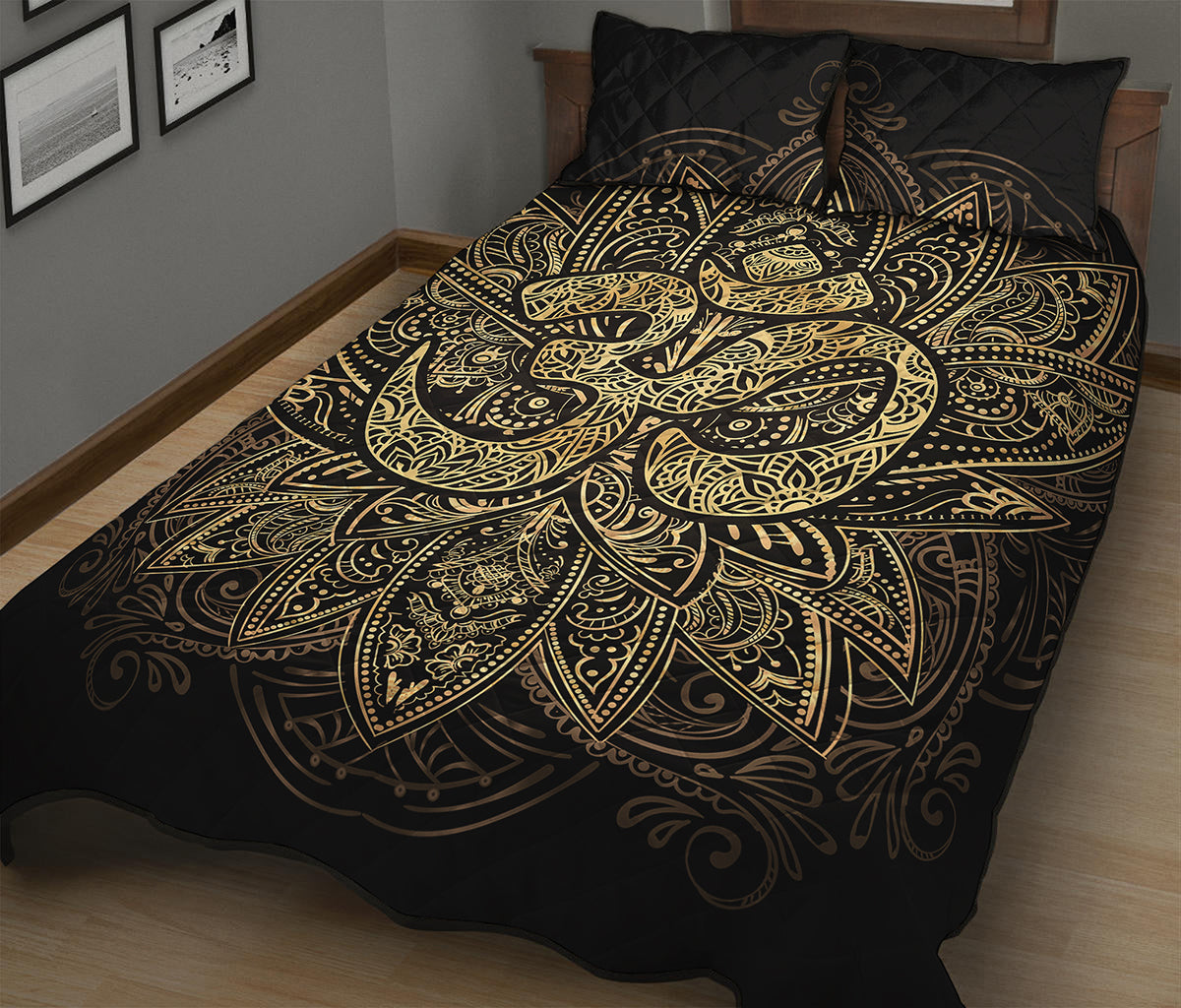 Gold Om Lotus Print Quilt Bed Set