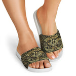 Gold Om Lotus Print White Slide Sandals