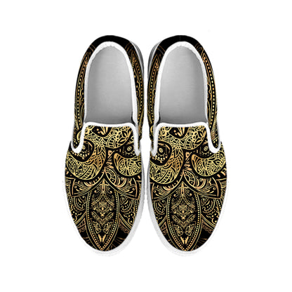 Gold Om Lotus Print White Slip On Shoes