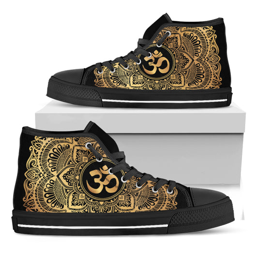 Gold Om Mandala Print Black High Top Shoes