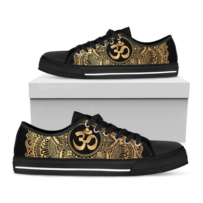 Gold Om Mandala Print Black Low Top Shoes 