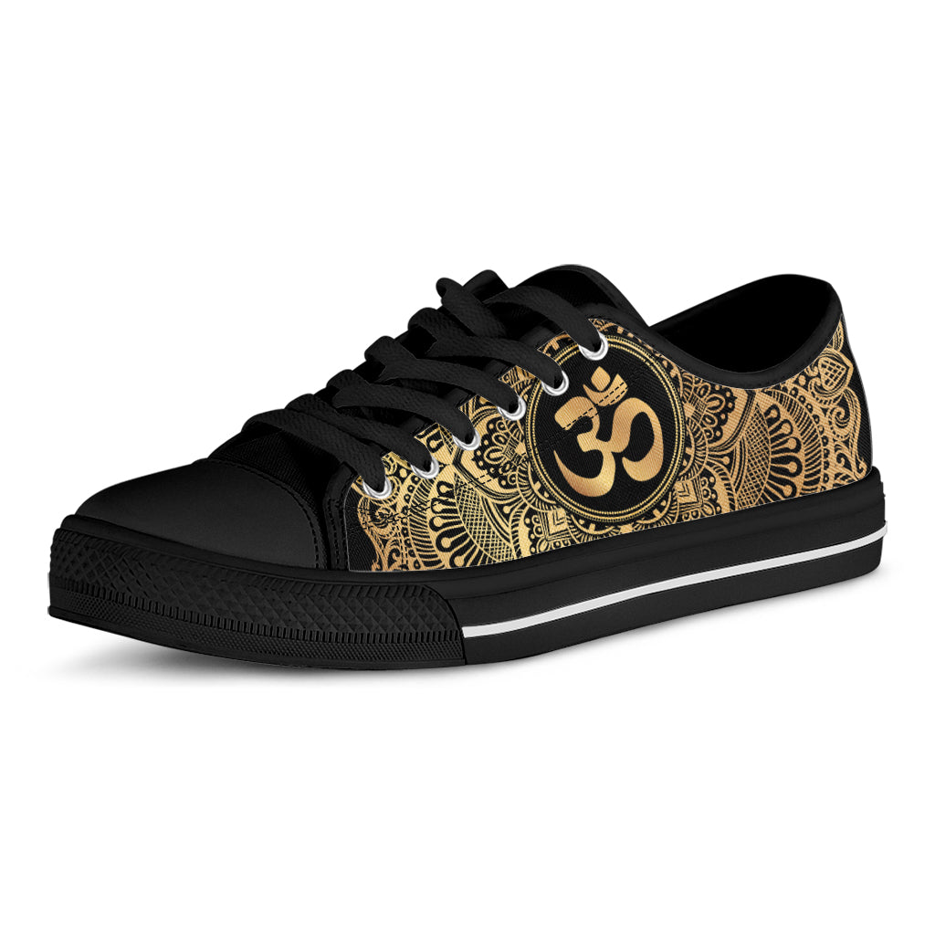 Gold Om Mandala Print Black Low Top Shoes 