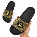 Gold Om Mandala Print Black Slide Sandals