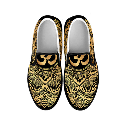 Gold Om Mandala Print Black Slip On Shoes