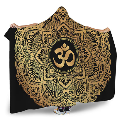 Gold Om Mandala Print Hooded Blanket