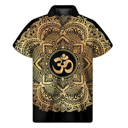 Gold Om Mandala Print Men's Short Sleeve Shirt
