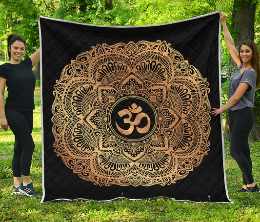 Gold Om Mandala Print Quilt