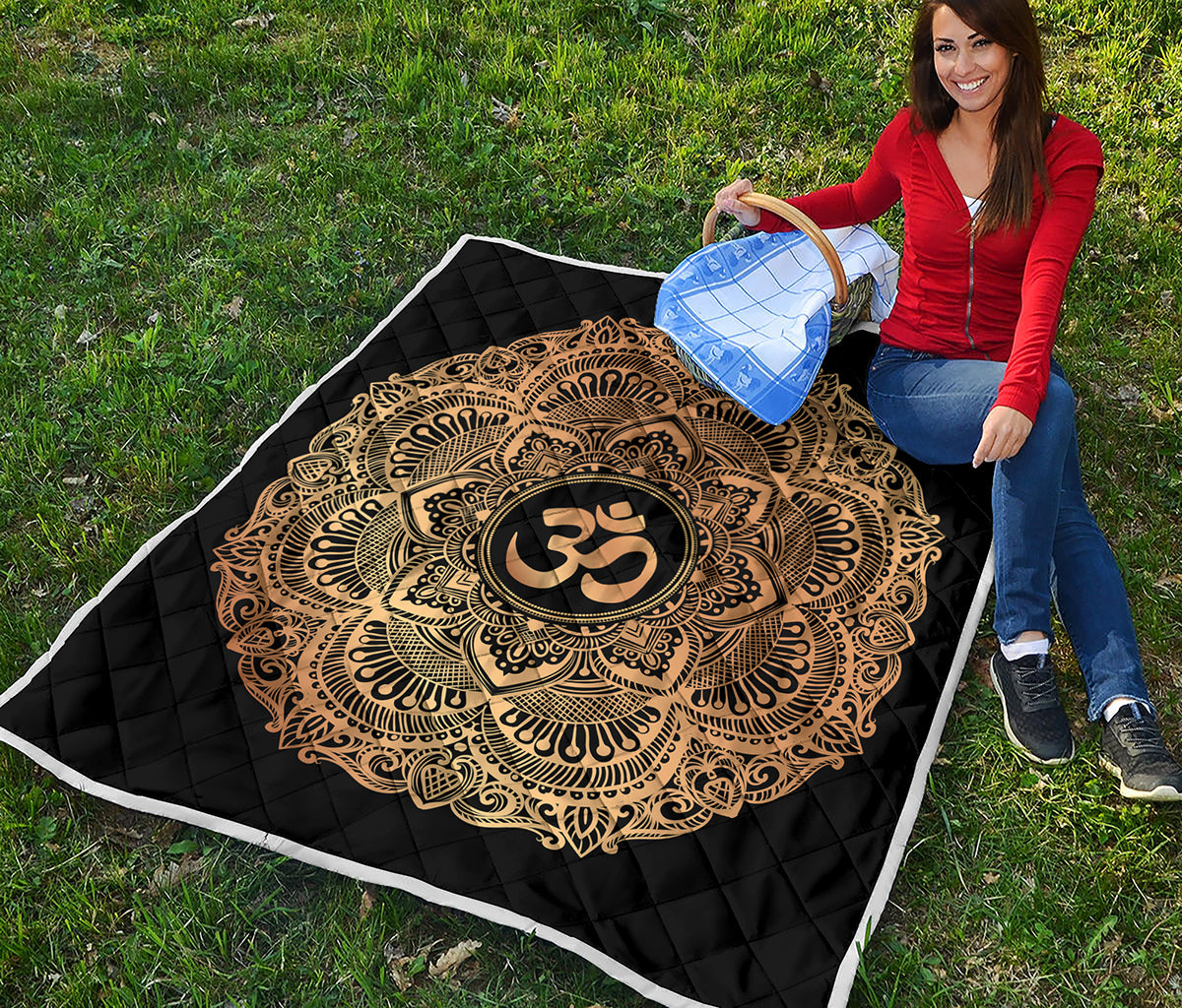 Gold Om Mandala Print Quilt
