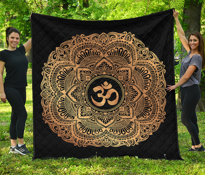 Gold Om Mandala Print Quilt
