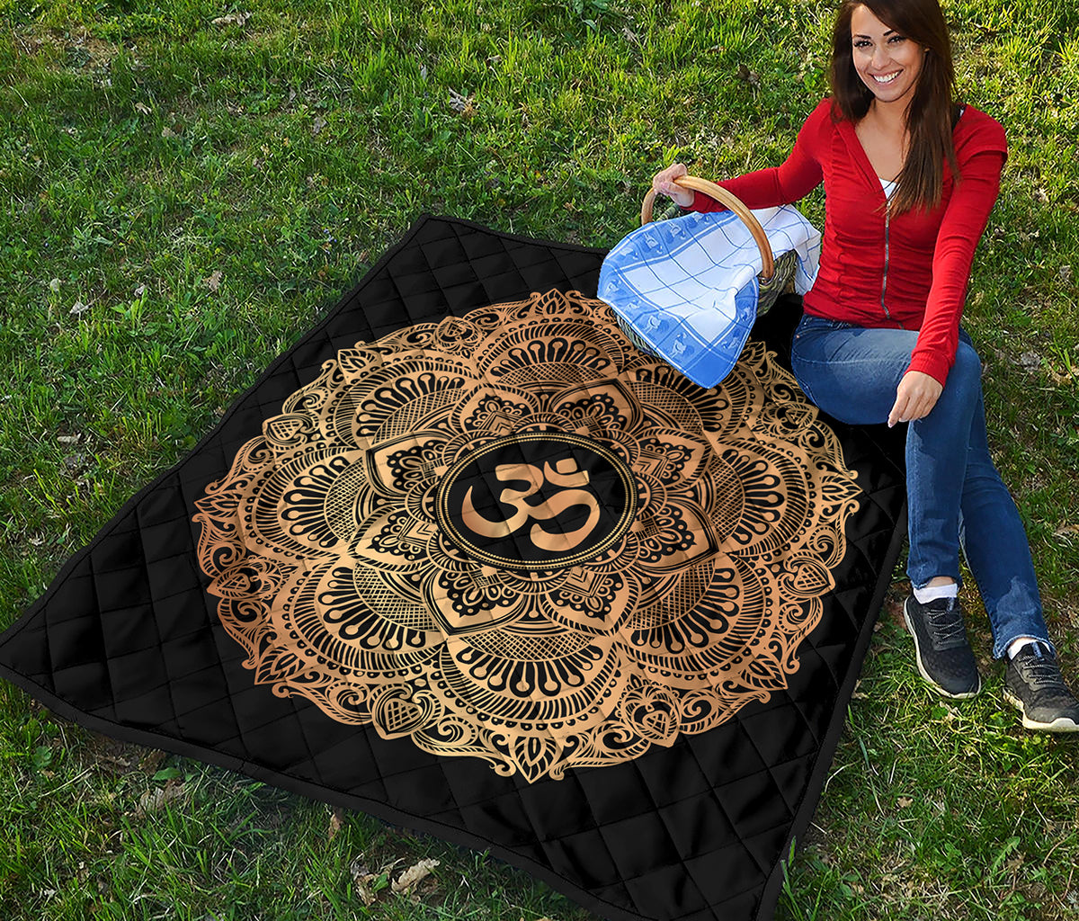 Gold Om Mandala Print Quilt
