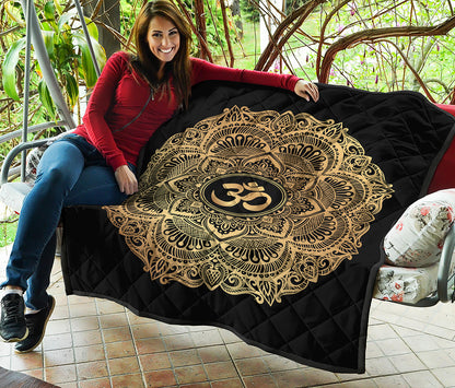 Gold Om Mandala Print Quilt