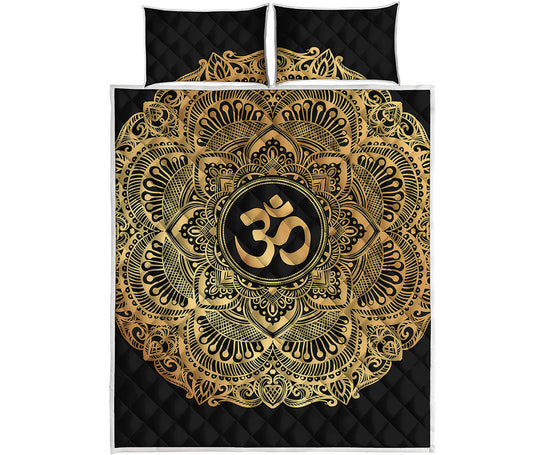 Gold Om Mandala Print Quilt Bed Set