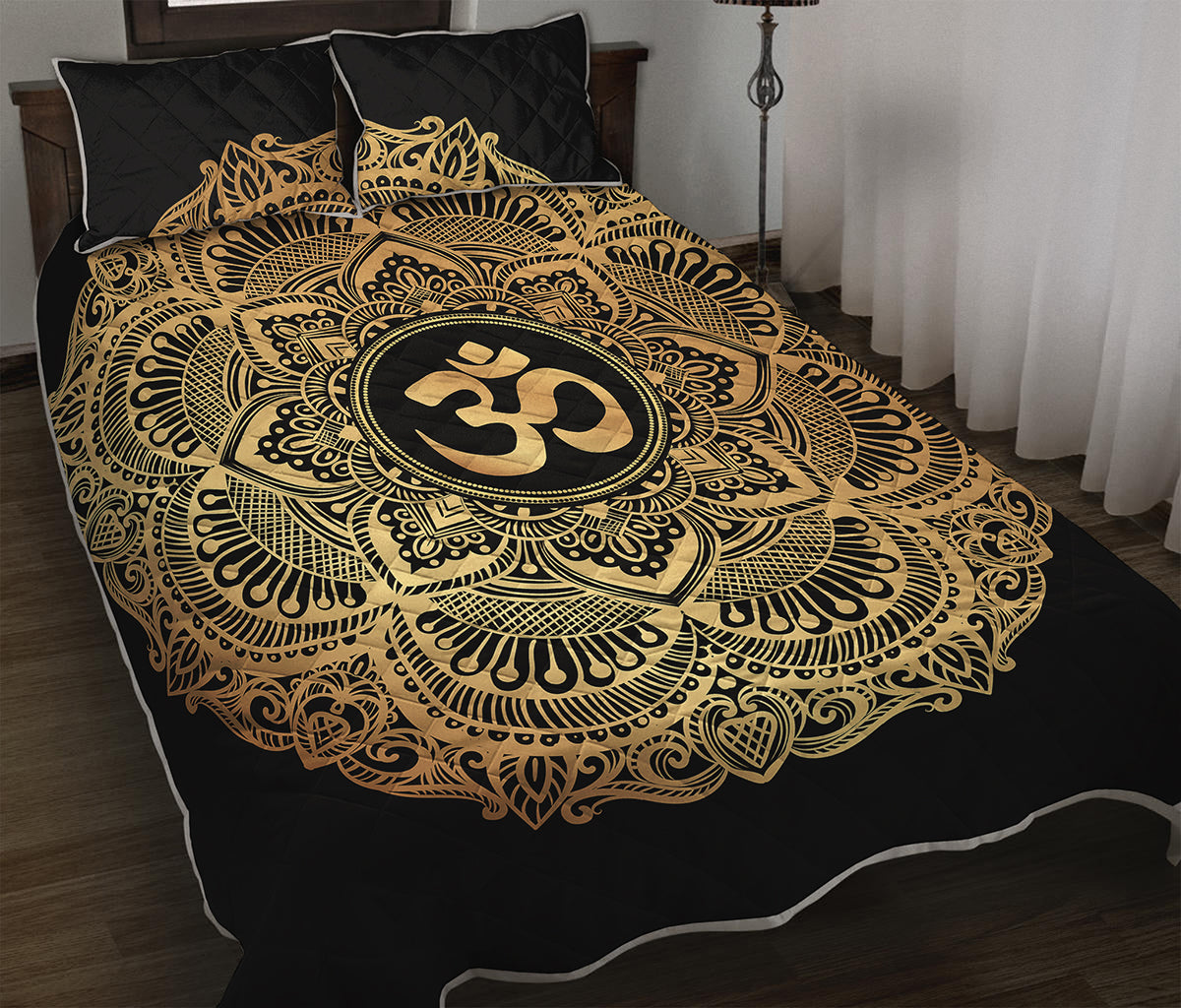 Gold Om Mandala Print Quilt Bed Set