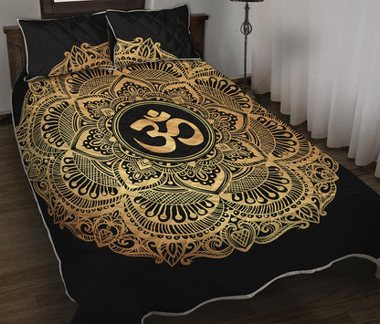 Gold Om Mandala Print Quilt Bed Set