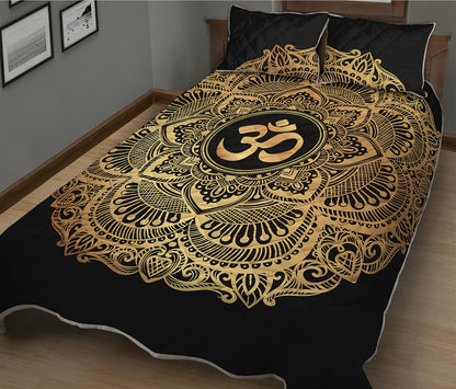 Gold Om Mandala Print Quilt Bed Set