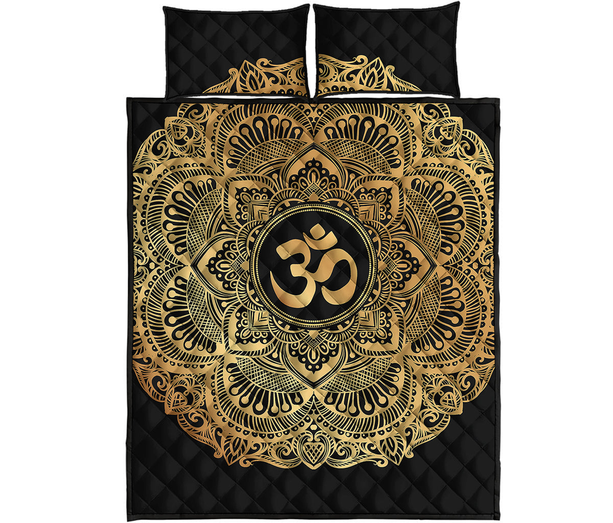 Gold Om Mandala Print Quilt Bed Set
