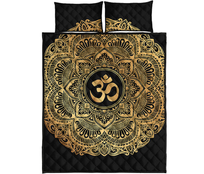 Gold Om Mandala Print Quilt Bed Set