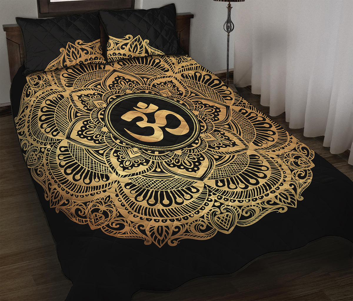 Gold Om Mandala Print Quilt Bed Set
