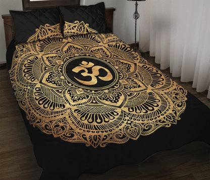 Gold Om Mandala Print Quilt Bed Set