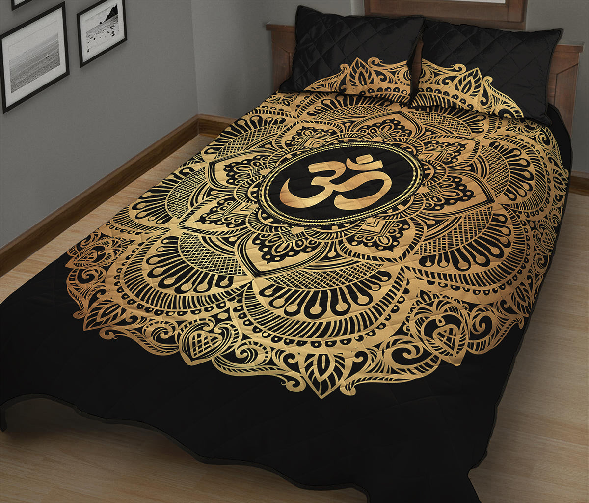 Gold Om Mandala Print Quilt Bed Set