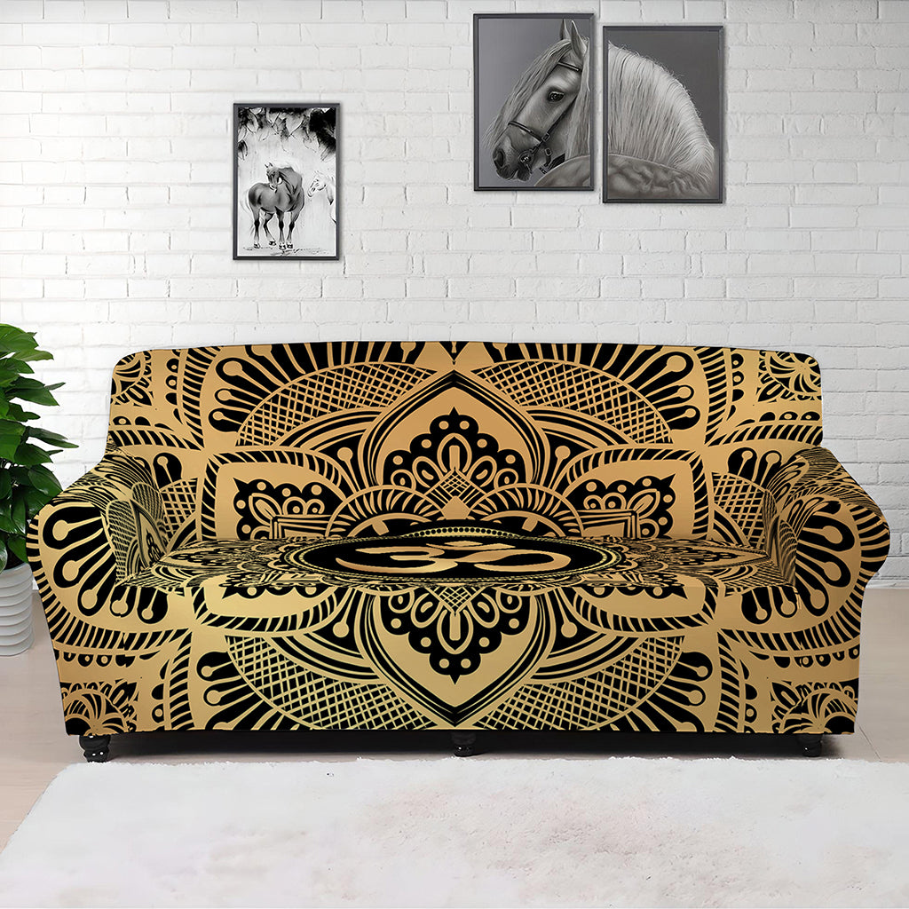 Gold Om Mandala Print Sofa Cover