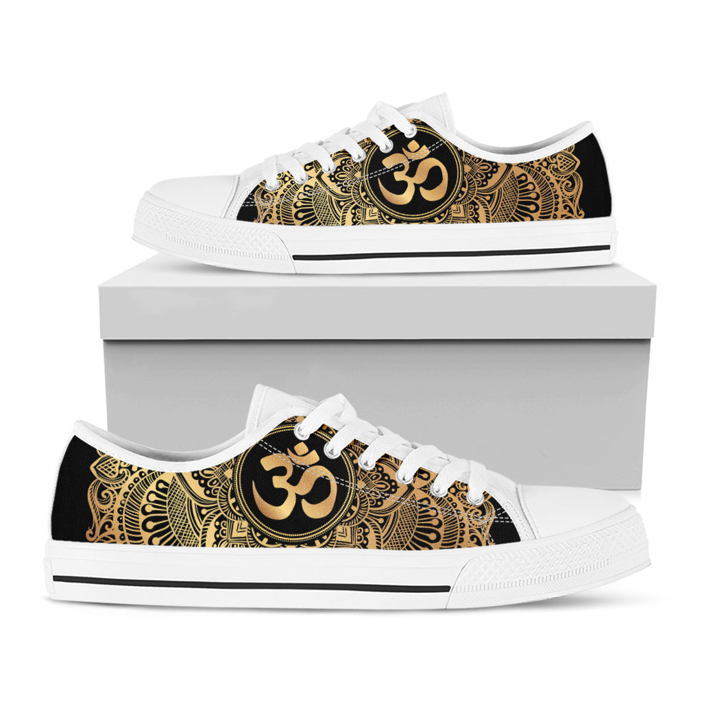 Gold Om Mandala Print White Low Top Shoes