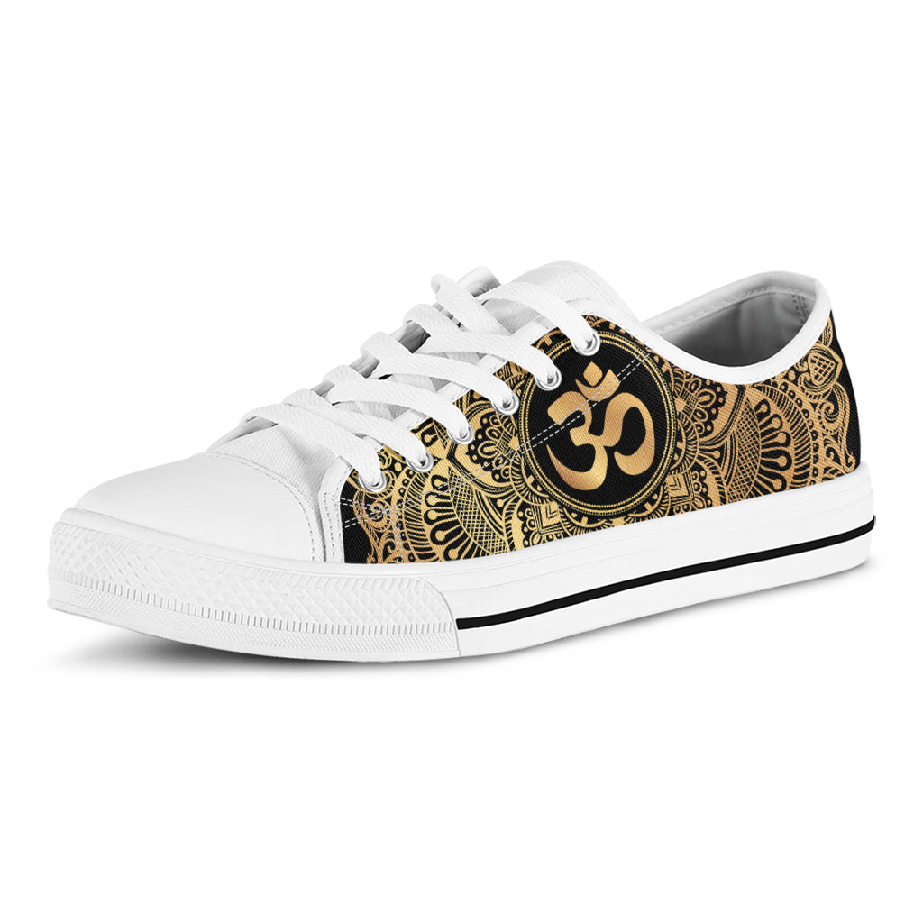 Gold Om Mandala Print White Low Top Shoes